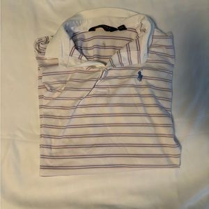 Polo collared shirt, purple with white detailing.